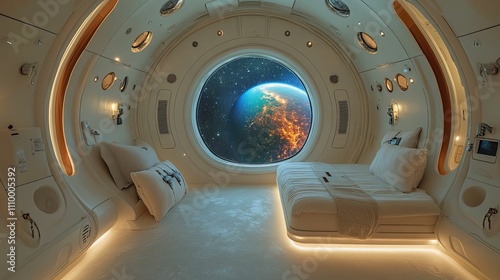 Fototapeta Naklejka Na Ścianę i Meble -  Futuristic Spacecraft Bedroom With Earth View