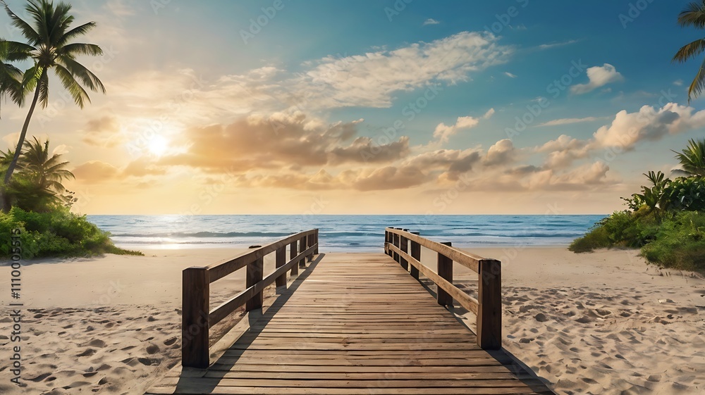 Fototapeta premium Serene beach scene with palm trees and a wooden walkway.