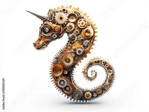 Mechanical Gears Assembling into a Sea Horse Shape Spiral Studio Environment Digital Art Unique Conceptual Design photo