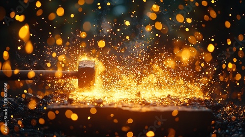 Fiery Sparks Fly as Blacksmith s Hammer Strikes Molten Metal Symbolizing Craftsmanship and Creation photo