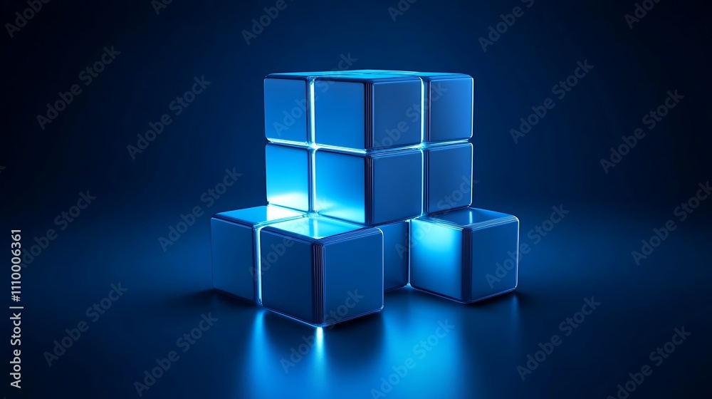 Glowing blue cubes stacked in a modern, abstract design against a dark background. Glowing blue cubes stacked in a modern, abstract design against a dark background.