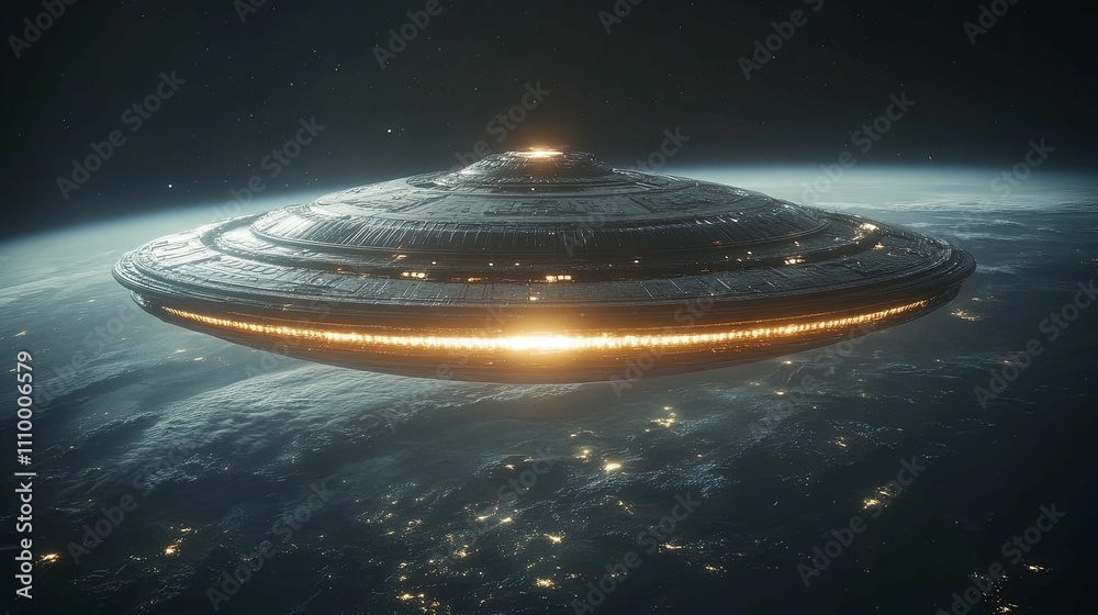Spaceship hovering above a planet Earth at night Spaceship hovering above a planet Earth at night