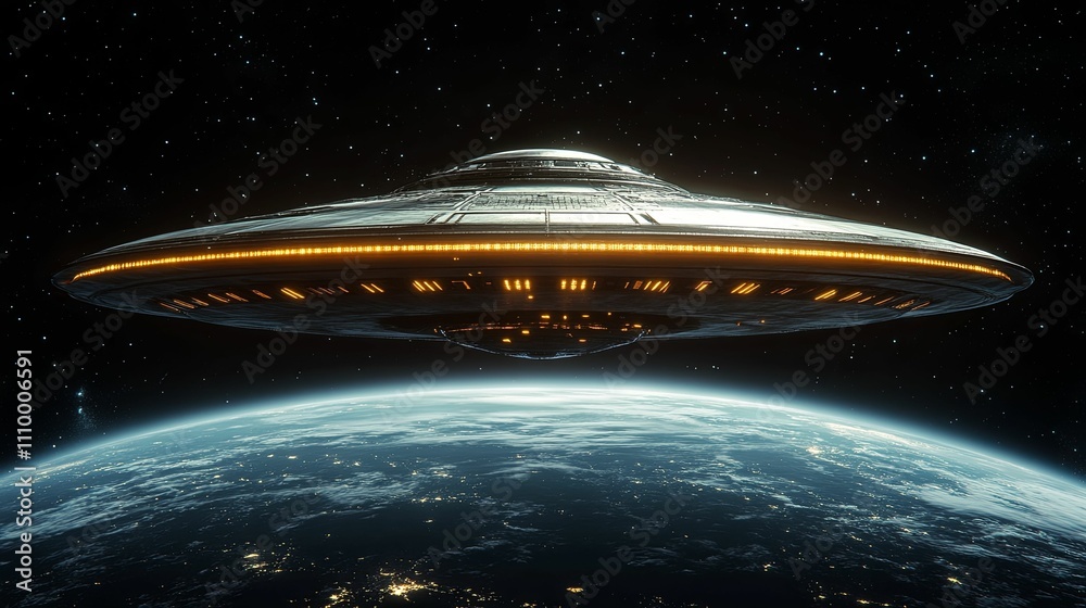 Obraz premium Spaceship hovering above earth in outer space