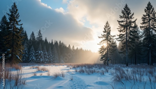 Snowy field, sun rays through clouds, trees silhouettes