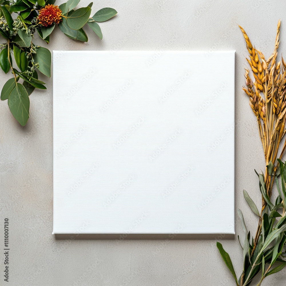 Blank white canvas surrounded by greenery and wheat. Perfect for mockup, presentation, or design. Blank white canvas surrounded by greenery and wheat. Perfect for mockup, presentation, or design.