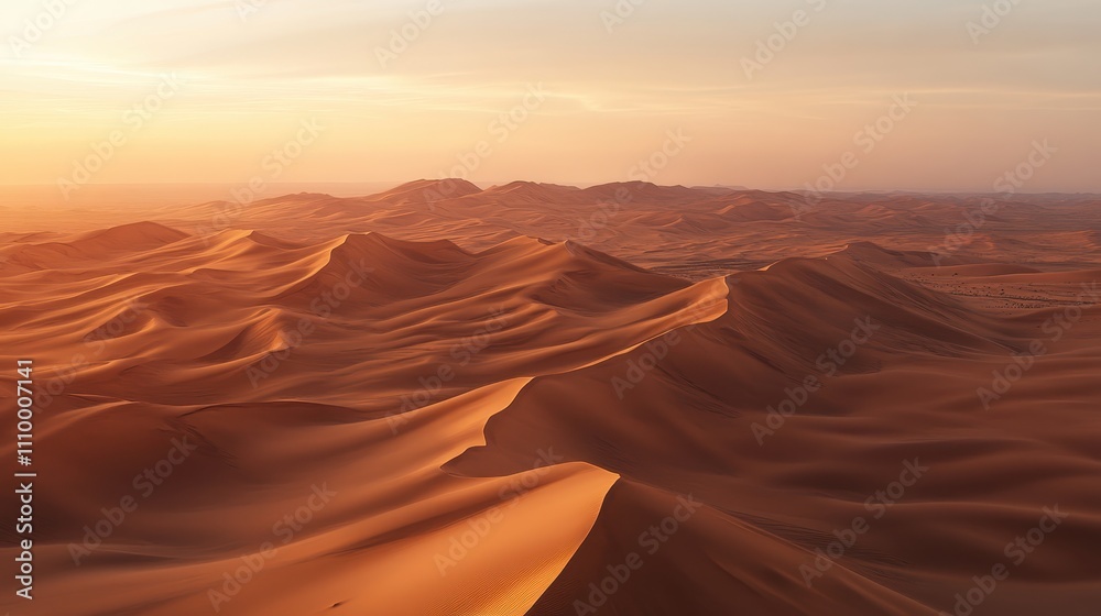 Naklejka premium A desert landscape with sand dunes and a sunset in the background