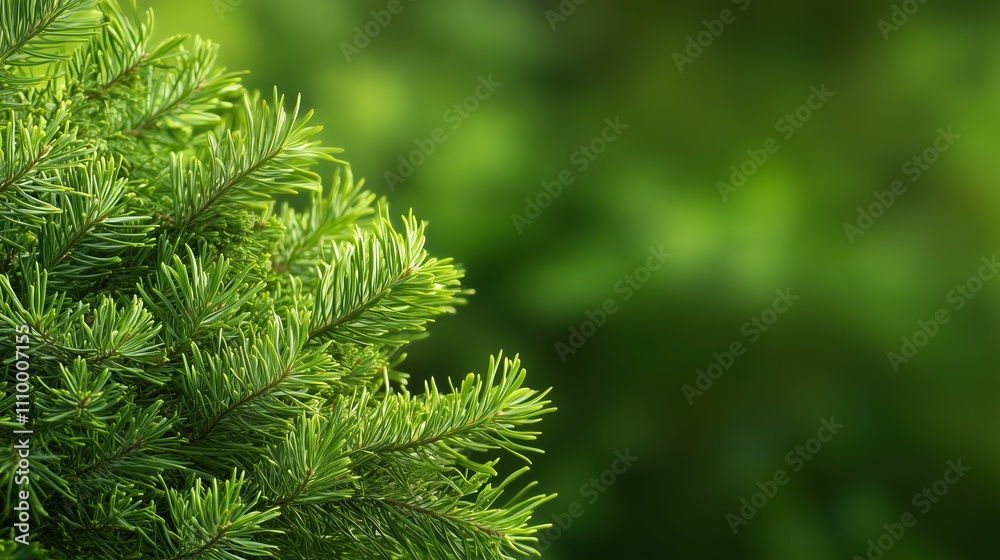 Pine branch on green blurred background with copy space. Nature design concept Pine branch on green blurred background with copy space. Nature design concept