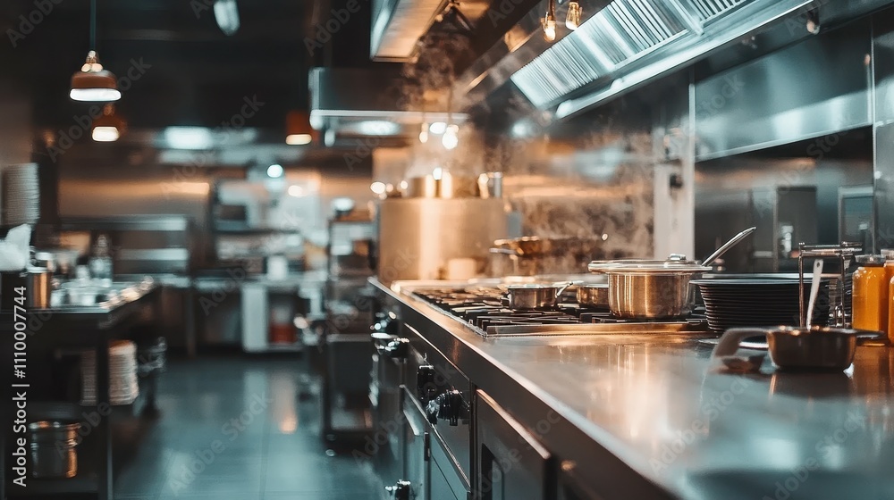 Sleek restaurant kitchen with stainless steel appliances and cooking equipment. Ideal for culinary, food, or restaurant industry visuals. Sleek restaurant kitchen with stainless steel appliances and cooking equipment. Ideal for culinary, food, or restaurant industry visuals.