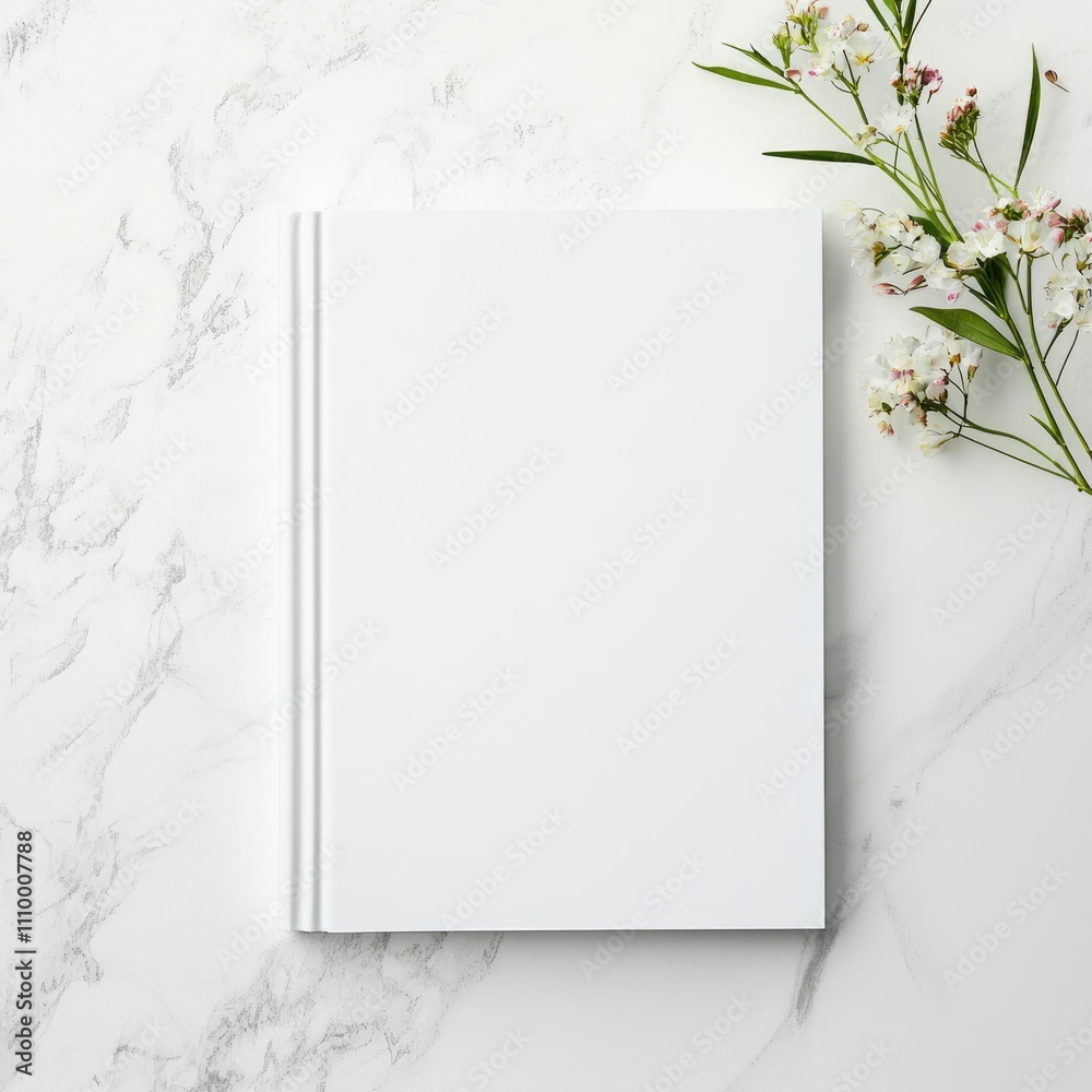 Blank white book cover mockup on marble background with white flowers. Blank white book cover mockup on marble background with white flowers.