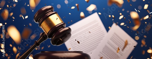 law restriction concept. A gavel on a table with documents scattered, symbolizing justice and legal proceedings, highlighted by confetti.