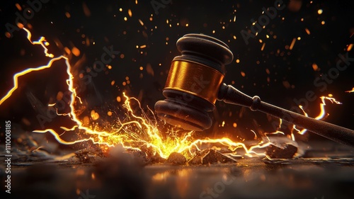 law restriction concept. A gavel striking down with electric energy, symbolizing justice and authority in a contemporary judicial context. photo