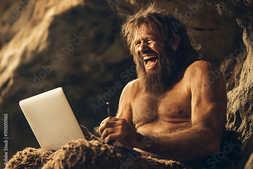 A prehistoric man joyfully using a laptop in a cave setting.