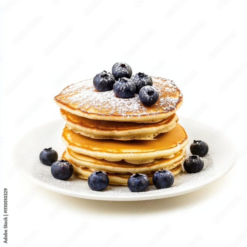 A stack of fluffy blueberry pancakes with powdered sugar, isolated white background, retro art style A stack of fluffy blueberry pancakes with powdered sugar, isolated white background, retro art style