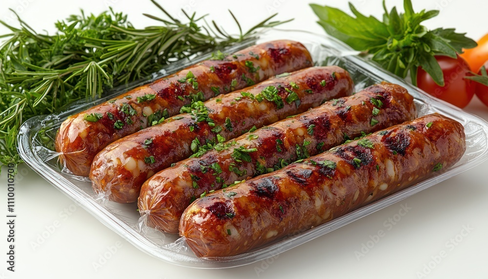 Grilled Sausages in a Clear Plastic Tray Grilled Sausages in a Clear Plastic Tray