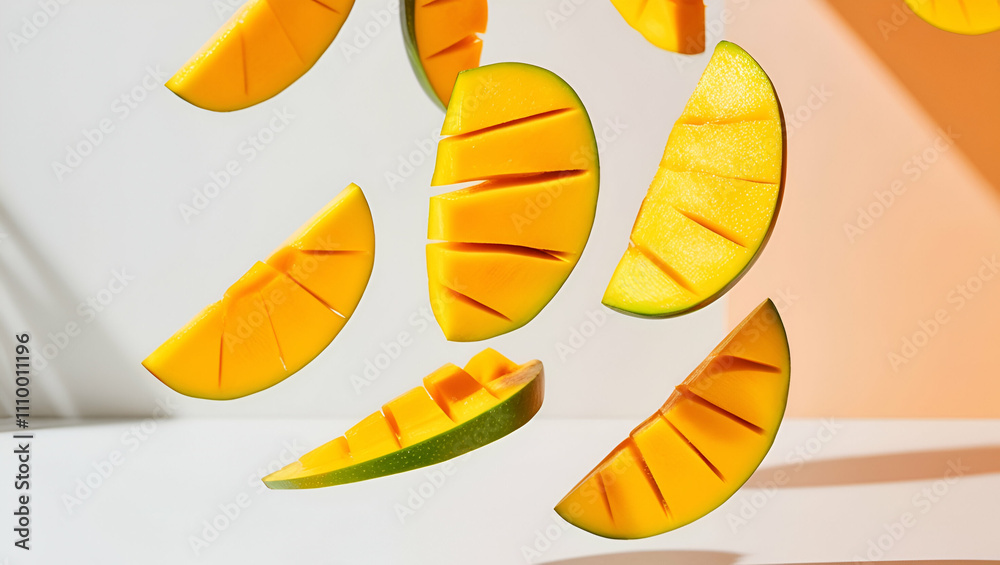 Vibrant yellow mango slices hover gracefully in mid-air, set against a soft, light backdrop. The composition highlights freshness, tropical vibes, and a sense of buoyanc