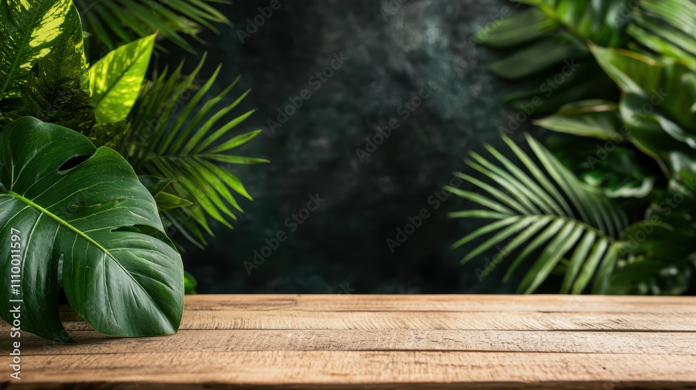 Tranquil Garden Scene: Rustic Wooden Table Amidst Lush Foliage Tranquil Garden Scene: Rustic Wooden Table Amidst Lush Foliage
