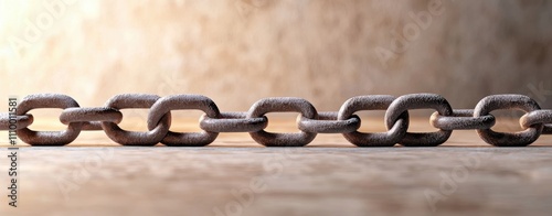 law restriction concept. Close-up of a robust metal chain, showcasing its intricate links and textures against a textured background. photo