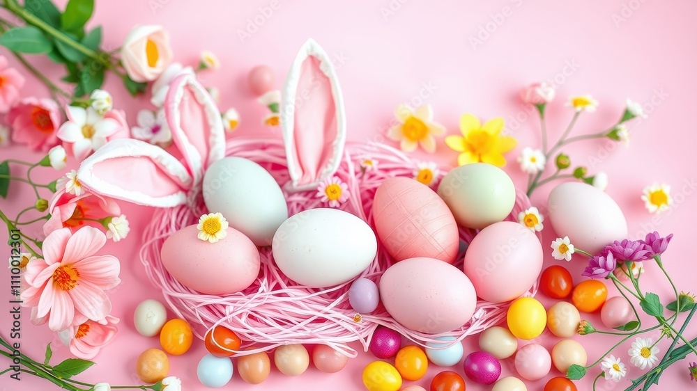 A delicate pink nest filled with pastel-colored Easter eggs, surrounded by blooming flowers and bunny ears, creating a festive spring scene. A delicate pink nest filled with pastel-colored Easter eggs, surrounded by blooming flowers and bunny ears, creating a festive spring scene.