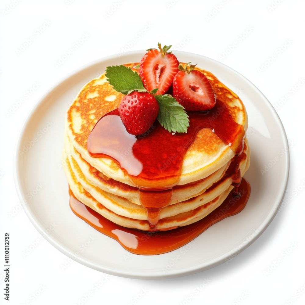 A stack of fluffy pancakes with a drizzle of strawberry syrup, isolated white background, retro art style A stack of fluffy pancakes with a drizzle of strawberry syrup, isolated white background, retro art style