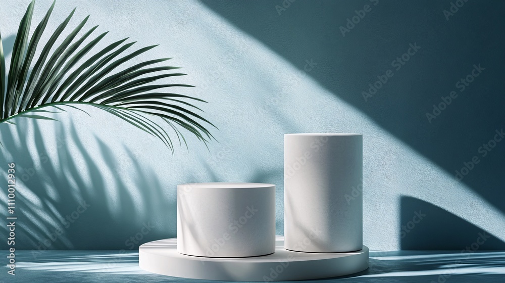 77.An abstract, minimalist scene with a soft blue and white color palette, featuring a white cylindrical podium. Delicate palm leaf shadows fall across the podium, emphasizing a natural and 77.An abstract, minimalist scene with a soft blue and white color palette, featuring a white cylindrical podium. Delicate palm leaf shadows fall across the podium, emphasizing a natural and