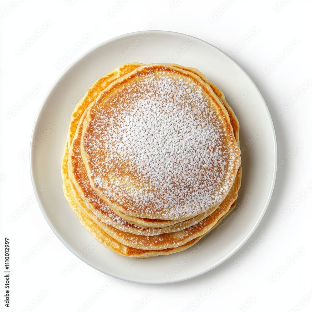 A stack of fluffy pancakes with a dusting of powdered sugar, isolated white background, retro art style A stack of fluffy pancakes with a dusting of powdered sugar, isolated white background, retro art style