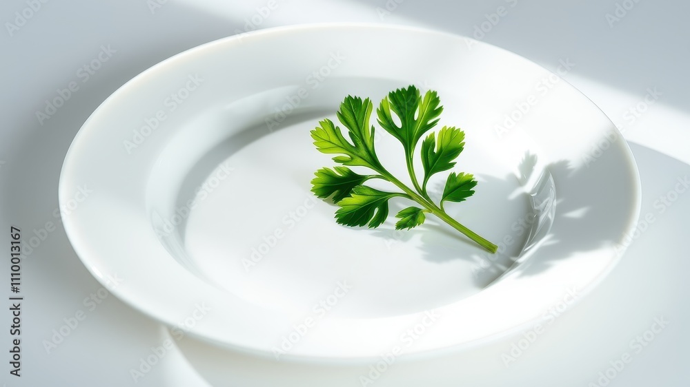A sprig of parsley resting delicately on a pristine white plate, bathed in soft natural light, casting a gentle shadow. A sprig of parsley resting delicately on a pristine white plate, bathed in soft natural light, casting a gentle shadow.