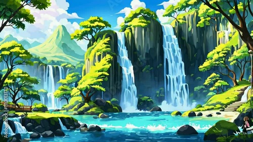 a vibrant landscape with multiple waterfalls cascading into a turquoise pool. Lush green trees surround the waterfalls, creating a tropical atmosphere