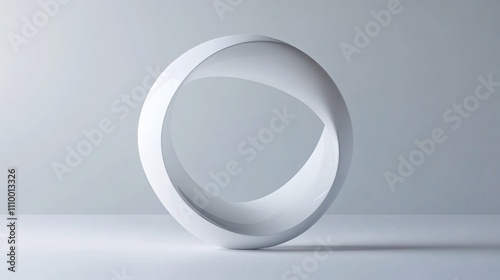 111.A clean, abstract 3D illustration of smooth white curves forming a circular frame around a central blank space. The minimalist composition draws attention to the gentle flow of the curves, photo