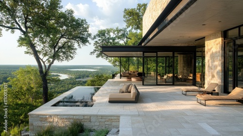 Modern house patio overlooking scenic river valley. Luxurious outdoor space ideal for relaxation and showcasing stunning views.