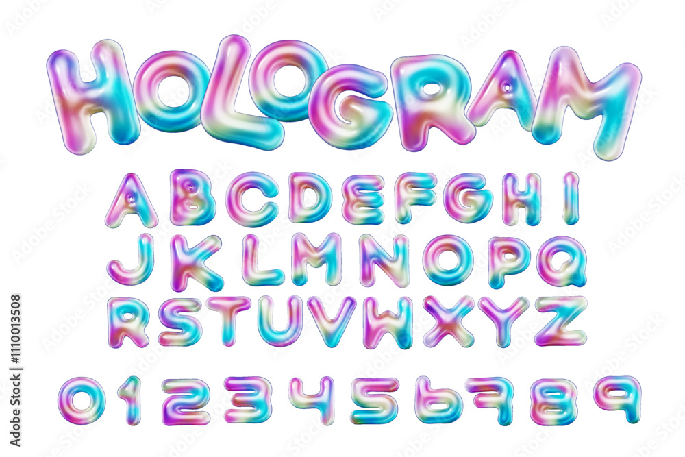3d style vector of inflated glossy hologram alphabet and numbers on white background