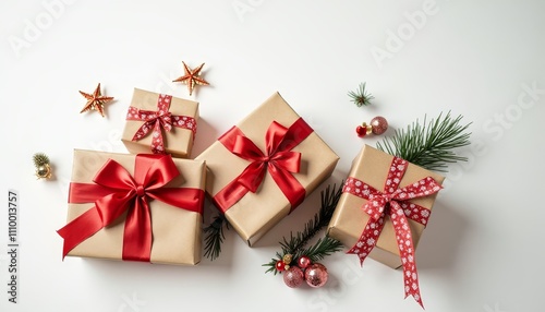 A collection of gift boxes with ribbons and decorative elements arranged on a white surface for holiday festivities photo