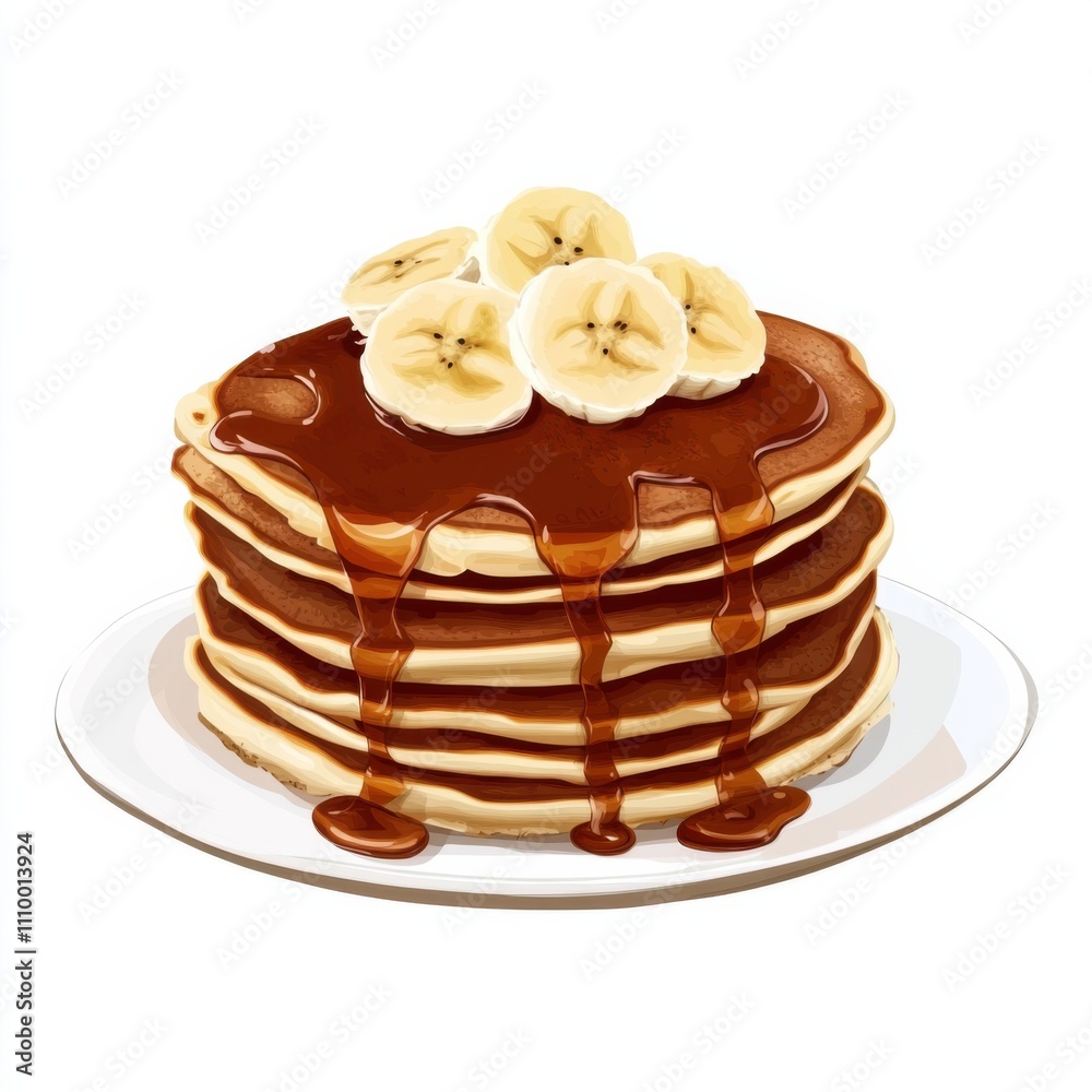 A stack of fluffy pancakes with caramel sauce and banana slices, isolated white background, pop art style A stack of fluffy pancakes with caramel sauce and banana slices, isolated white background, pop art style