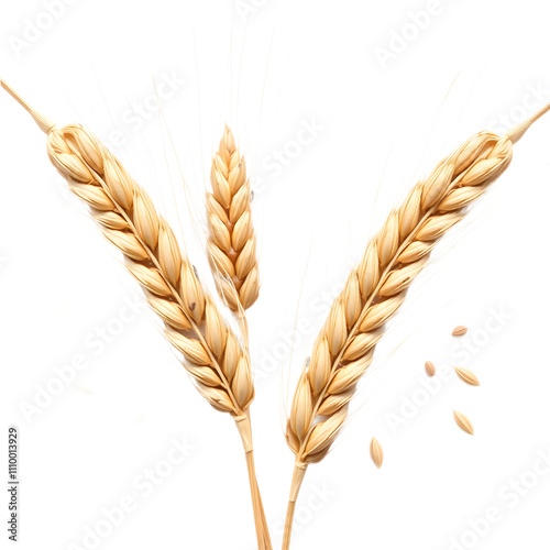 wheat ears spikelets with grains. Realistic oat bunch, yellow sereals for backery, flour production design. png isolated background. transparent background.