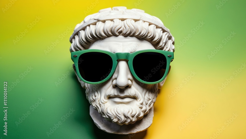 yellow to green gradient background with a close-up Greek marble head bust on party sunglasses