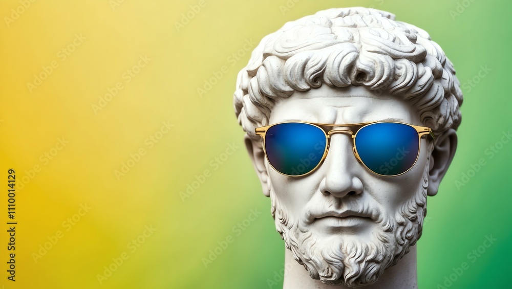 yellow to green gradient background with a close-up Greek marble head bust on party sunglasses yellow to green gradient background with a close-up Greek marble head bust on party sunglasses