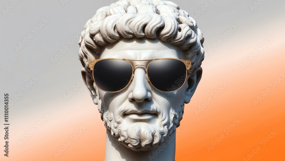 white to orange gradient background with a close-up Greek marble head bust on party sunglasses white to orange gradient background with a close-up Greek marble head bust on party sunglasses