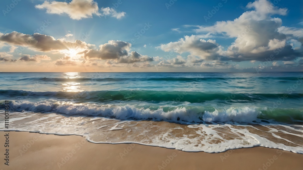 Fototapeta premium Serene beach scene with gentle waves and a bright blue sky.