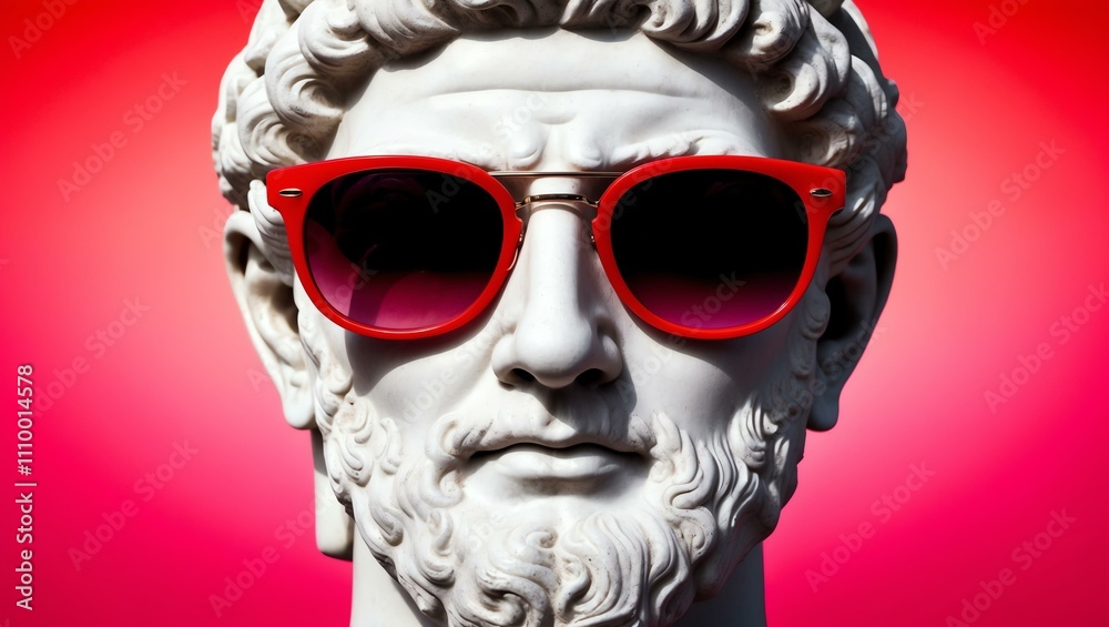 red to pink gradient background with a close-up Greek marble head bust on party sunglasses red to pink gradient background with a close-up Greek marble head bust on party sunglasses
