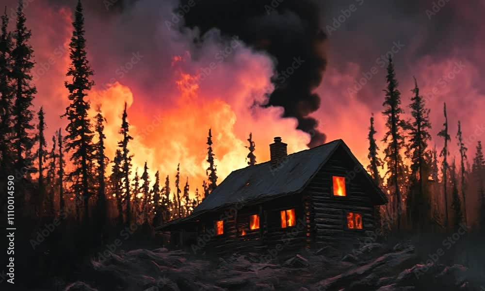A dark cabin engulfed in flames with a fiery sky and dense trees surrounding it. A dark cabin engulfed in flames with a fiery sky and dense trees surrounding it.