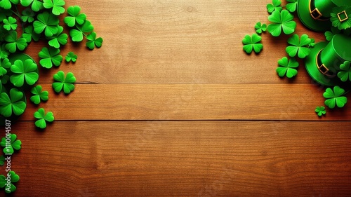 A wooden background adorned with shamrocks and green hats, perfect for Irish celebrations or St. Patrick's Day designs. photo