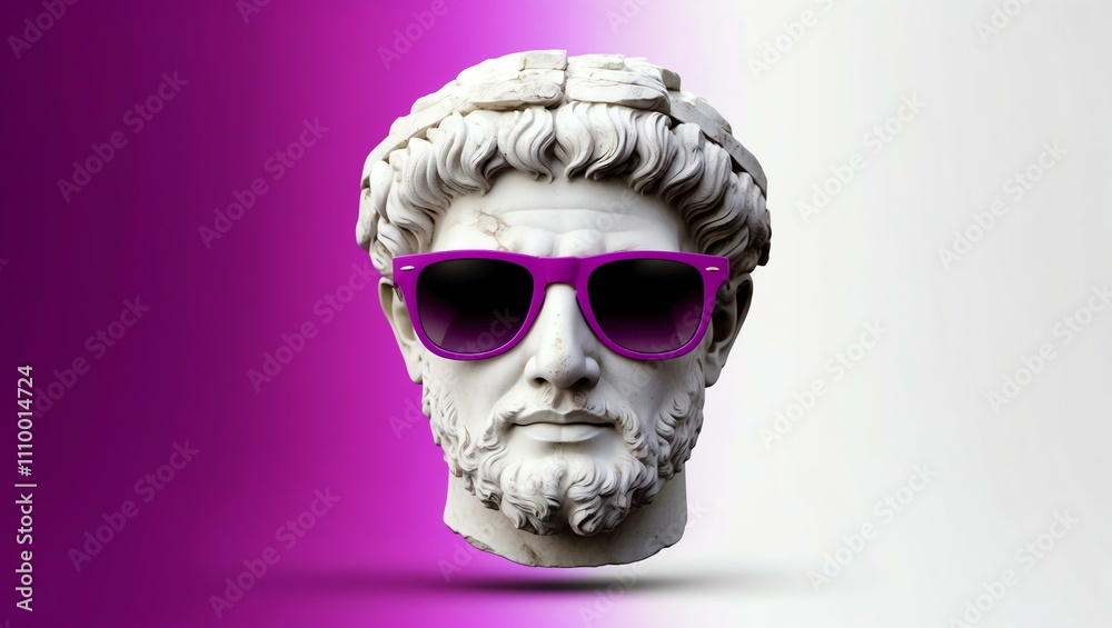purple to white gradient background with a close-up Greek marble head bust on party sunglasses purple to white gradient background with a close-up Greek marble head bust on party sunglasses