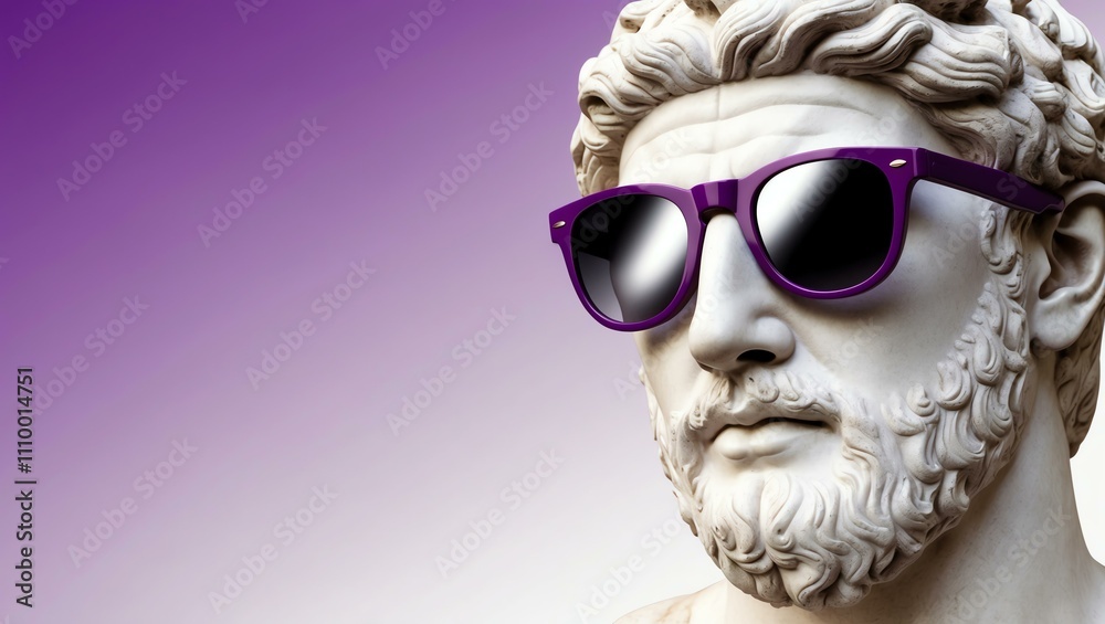purple to white gradient background with a close-up Greek marble head bust on party sunglasses purple to white gradient background with a close-up Greek marble head bust on party sunglasses