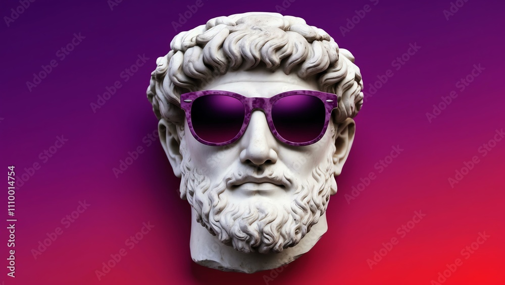 purple to red gradient background with a close-up Greek marble head bust on party sunglasses