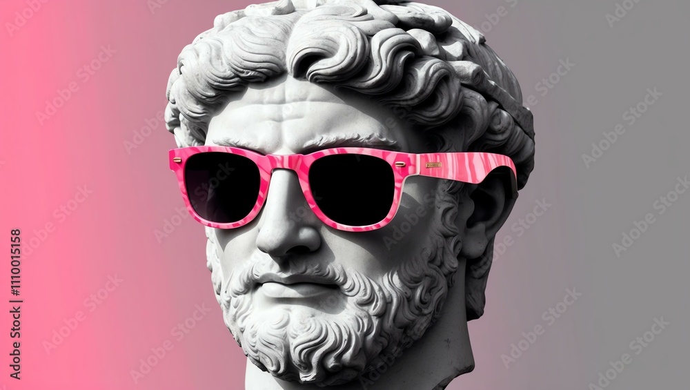 pink to gray gradient background with a close-up Greek marble head bust on party sunglasses pink to gray gradient background with a close-up Greek marble head bust on party sunglasses