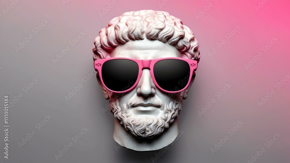 pink to gray gradient background with a close-up Greek marble head bust on party sunglasses pink to gray gradient background with a close-up Greek marble head bust on party sunglasses