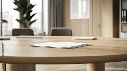 Wallpaper Mural 64.A minimalist office scene featuring a light-colored, smooth-surfaced table with a wood-like finish. Only a few neatly arranged papers rest on top, while the surrounding office environment exudes a Torontodigital.ca