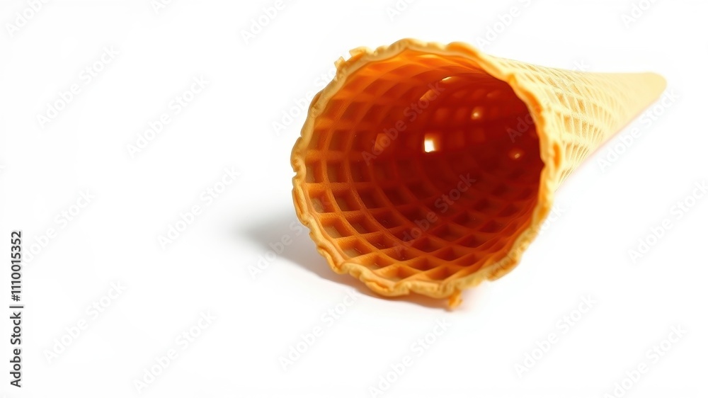 A crispy, golden brown waffle cone with a delicate, intricate grid pattern sits isolated on a white background, waiting to be filled with a scoop of creamy ice cream. A crispy, golden brown waffle cone with a delicate, intricate grid pattern sits isolated on a white background, waiting to be filled with a scoop of creamy ice cream.