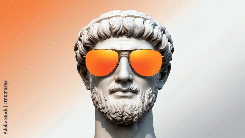 orange to white gradient background with a close-up Greek marble head bust on party sunglasses