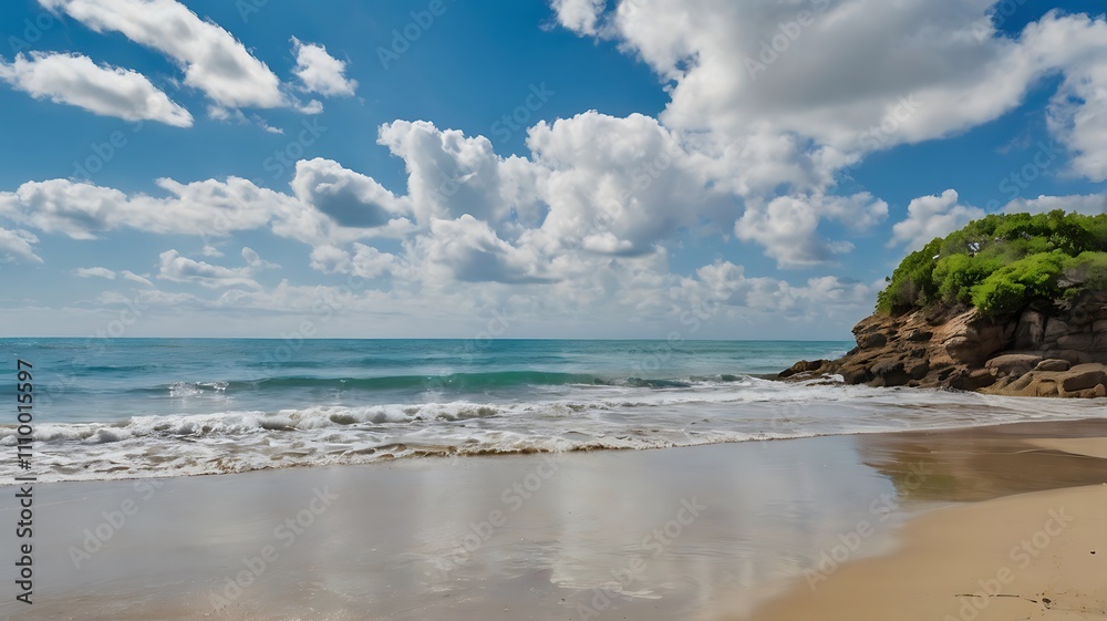 Serene beach scene with gentle waves and a bright blue sky. Serene beach scene with gentle waves and a bright blue sky.