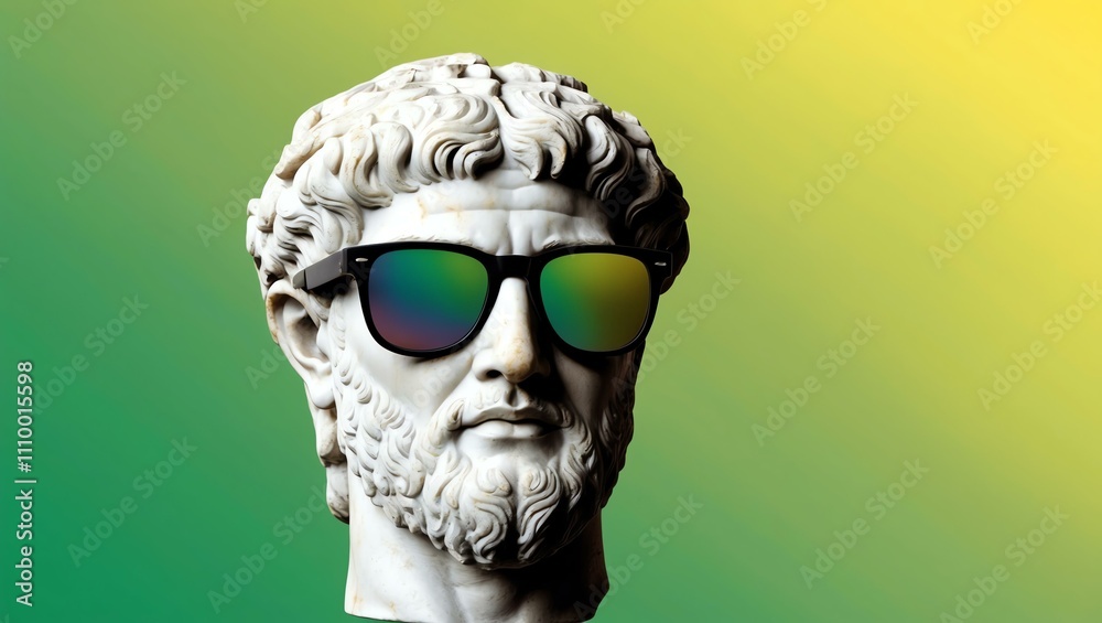 green to yellow gradient background with a close-up Greek marble head bust on party sunglasses green to yellow gradient background with a close-up Greek marble head bust on party sunglasses